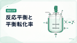 反応平衡と平衡転化率を撹拌槽型反応器で示す図解