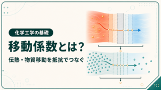 温度境界層と濃度境界層から伝熱係数・物質移動係数を示し、複数の移動抵抗を総括係数へまとめる概念図