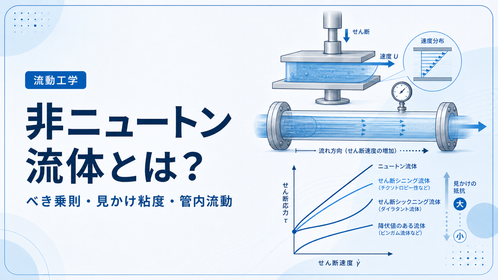 非ニュートン流体の流動曲線、せん断速度、見かけ粘度、管内流動を示す流動工学記事アイキャッチ